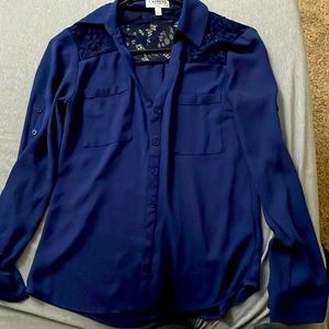 Express Navy Blue Lace Back Portofino Roll Tab Button Up Shirt